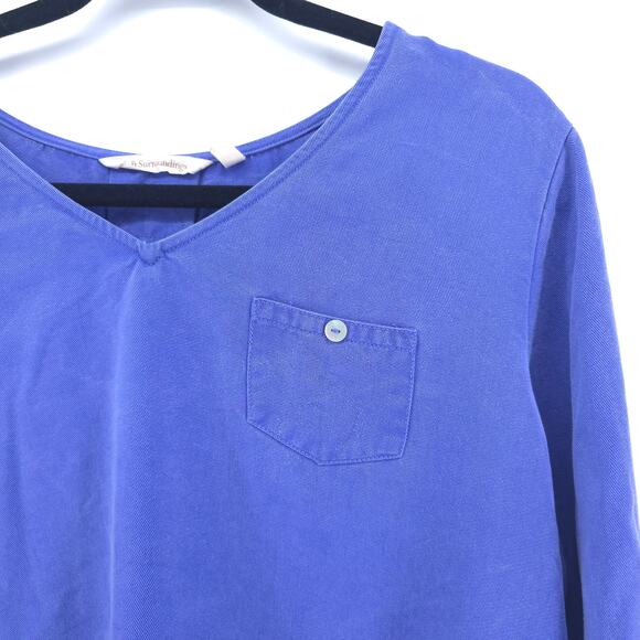 Soft Surroundings 27747 V-Neck Tencil Periwinkle Blouse Roll-tab Sleeve Pocket M - Picture 4 of 10